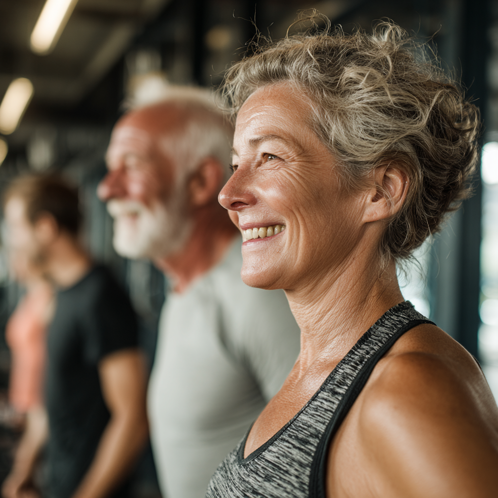 Mature adults working together in friendly fitness environment