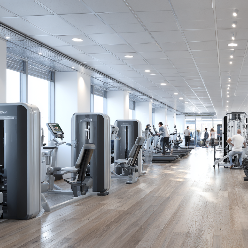 Modern fitness equipment in clean professional environment with adults training